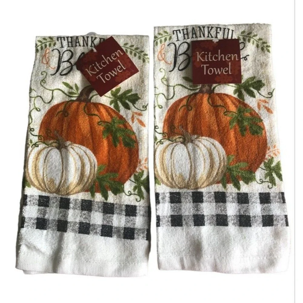 Thankful Blessed Kitchen Dish Towels Fall Country Buffalo Check Set of 2